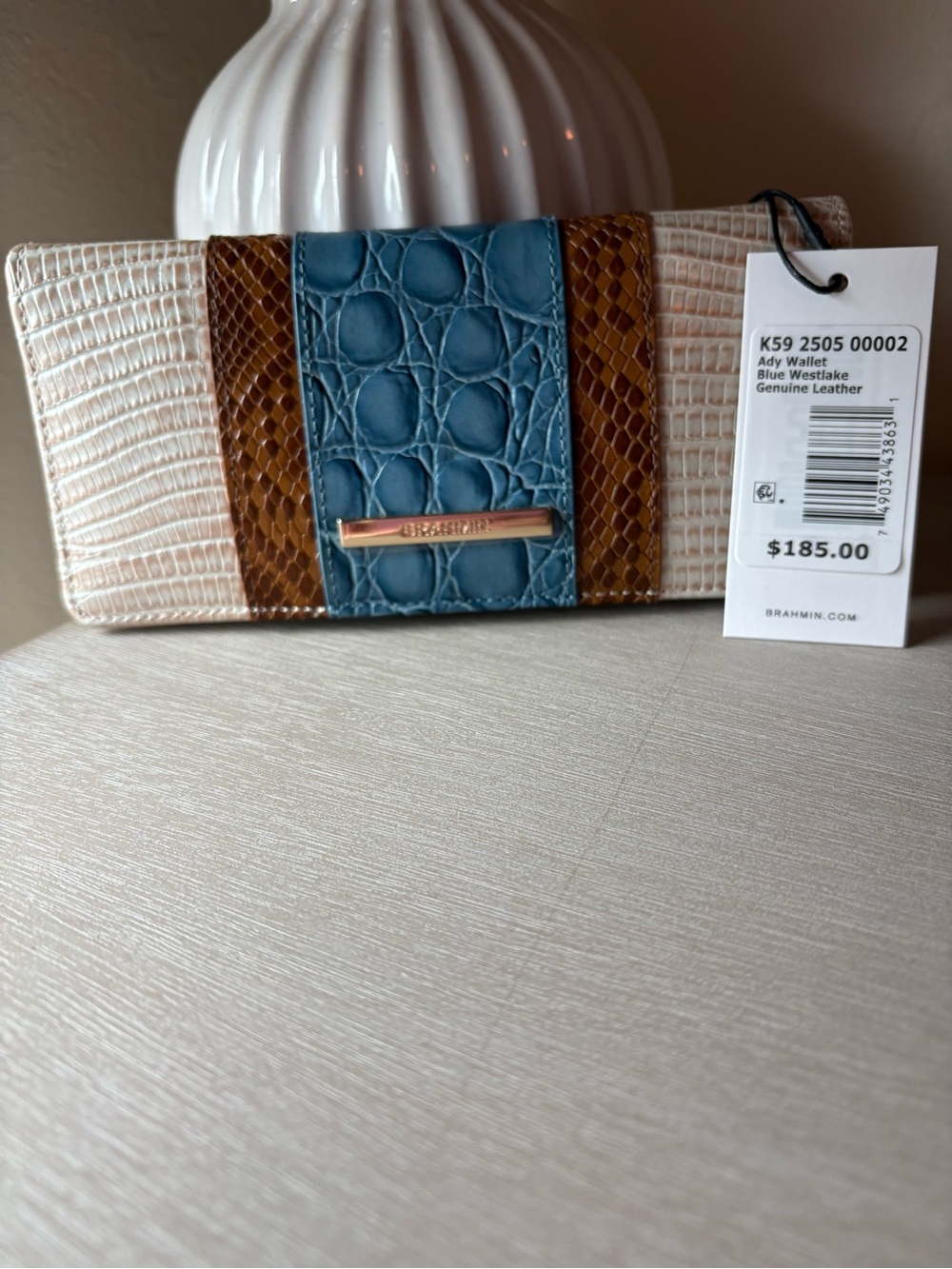 NWT Brahmin Blue, Cream & Brown Westlake Tri-Panel Leather Wallet